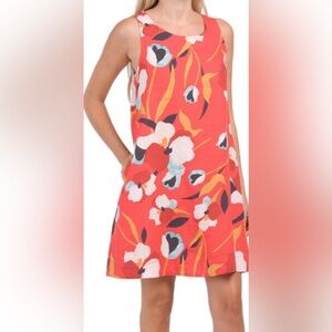 Sigrid Olsen Red Floral Sleeveless 100% Linen Shift Dress W/ Pockets Size Large